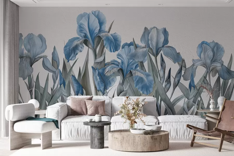 murais de parede Grandes íris azuis pintadas em um muro de concreto branco w07949v4