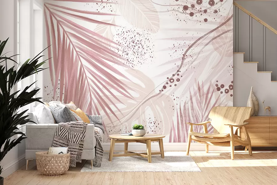 murais de parede Folhas e folhas de palmeira rosa tropical, com formas abstratas e respingos em tons de rosa e branco w07918v1