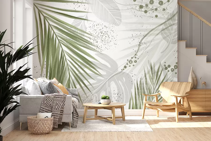 murais de parede Folhas e folhas de palmeira verde tropical, com formas abstratas e respingos em tons de verde e branco w07918