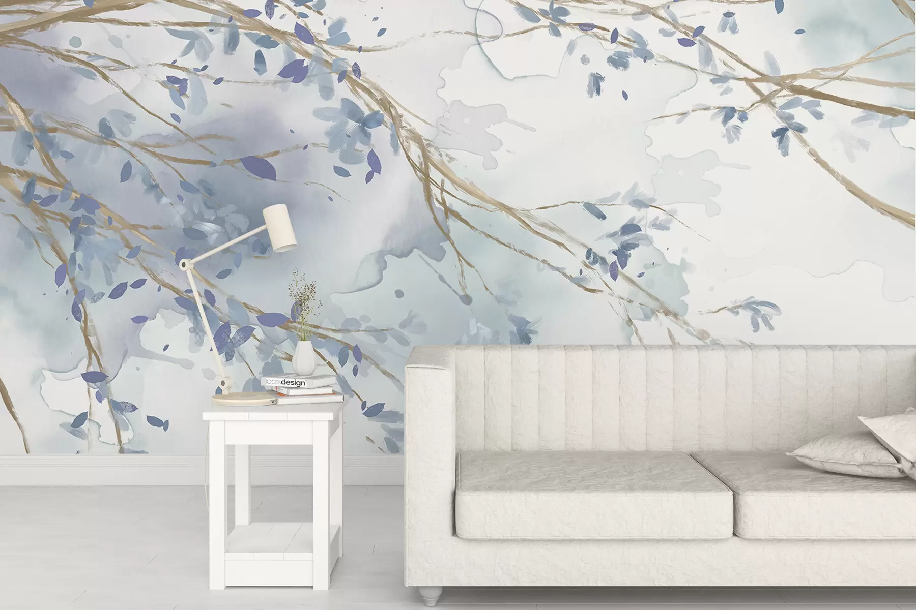 murais de parede Delicados ramos florais azuis e brancos com fundo aquarela suave e desfocado w07919