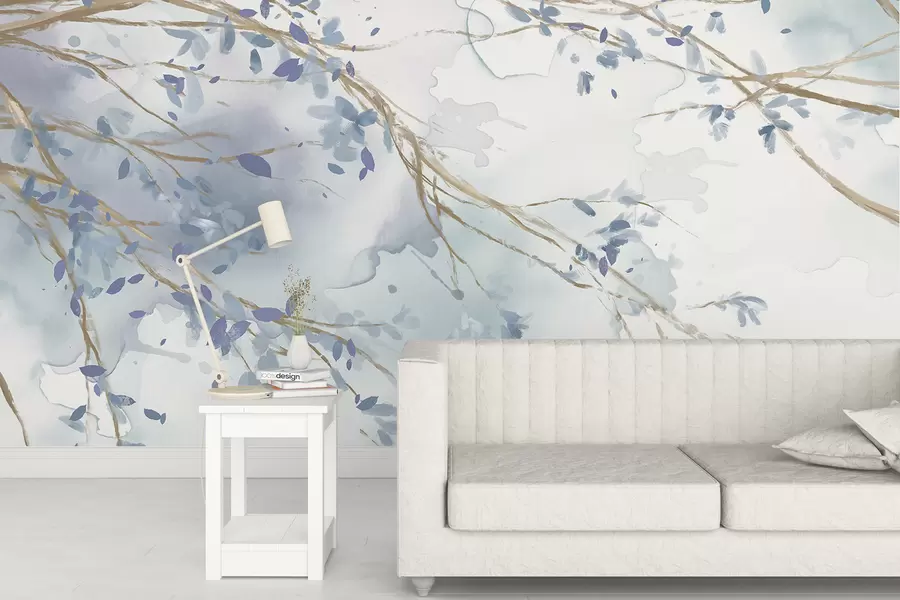 murais de parede Delicados ramos florais azuis e brancos com fundo aquarela suave e desfocado w07919