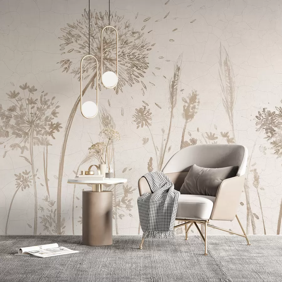 murais de parede Um campo de dentes-de-leão e outras flores silvestres contra um fundo suave e nebuloso w07921