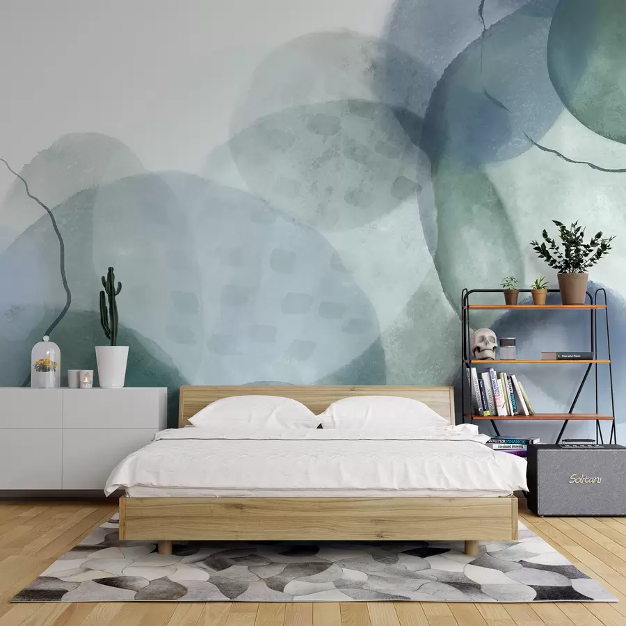 murais de parede Formas suaves e abstratas em aquarela em tons de azul, verde e branco w07926