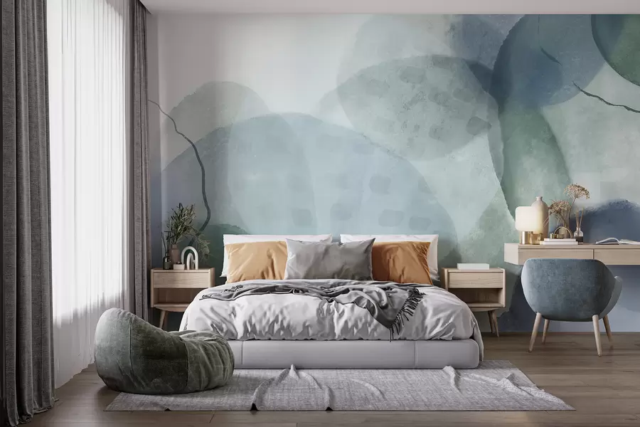 murais de parede Formas suaves e abstratas em aquarela em tons de azul, verde e branco w07926