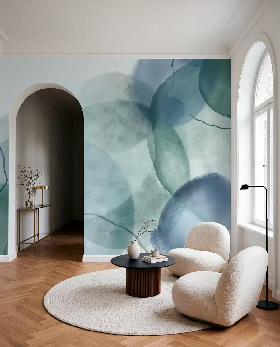 murais de parede Formas suaves e abstratas em aquarela em tons de azul, verde e branco w07926