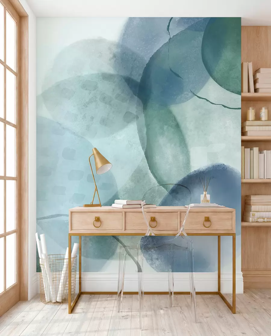 murais de parede Formas suaves e abstratas em aquarela em tons de azul, verde e branco w07926