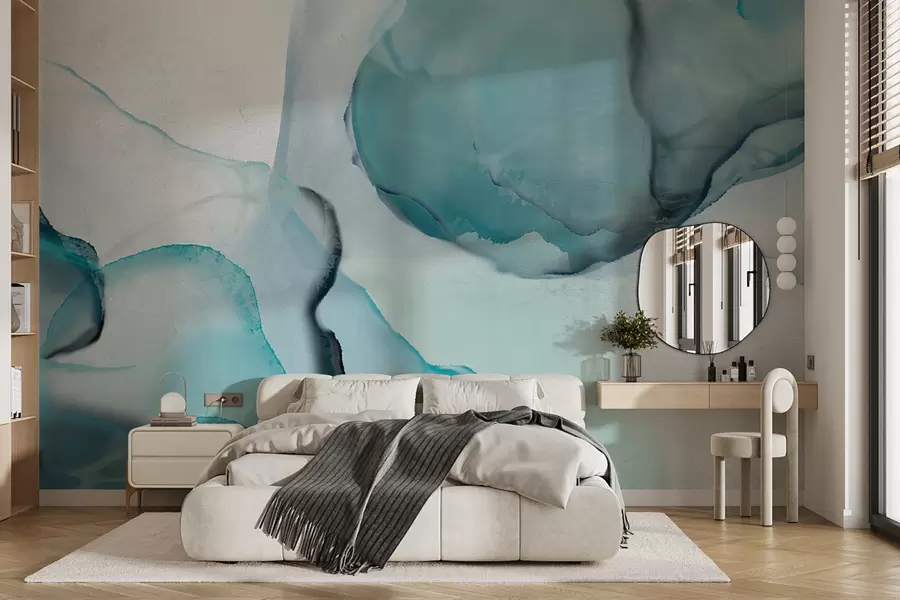 murais de parede Arte fluida abstrata em azul e branco, semelhante a água corrente e tinta w07927