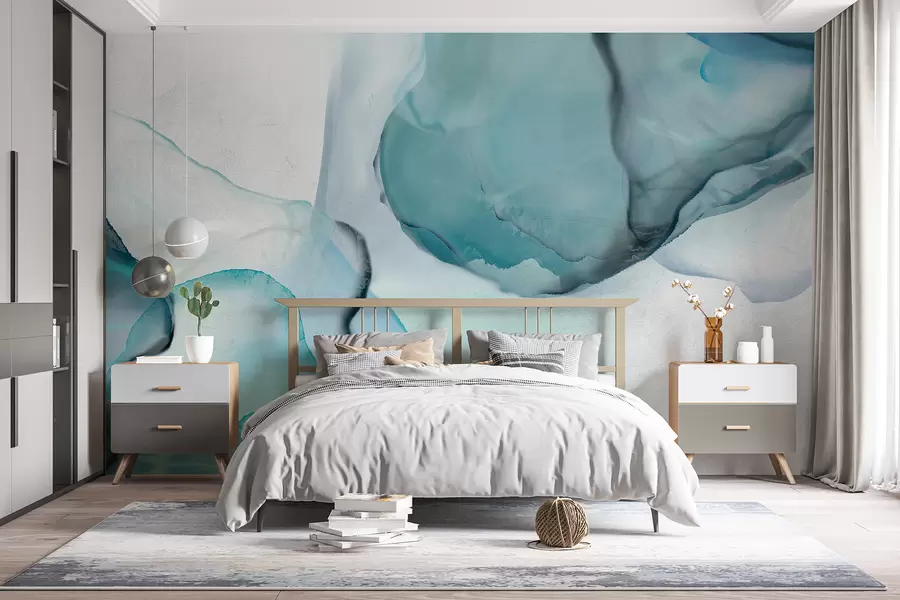 murais de parede Arte fluida abstrata em azul e branco, semelhante a água corrente e tinta w07927