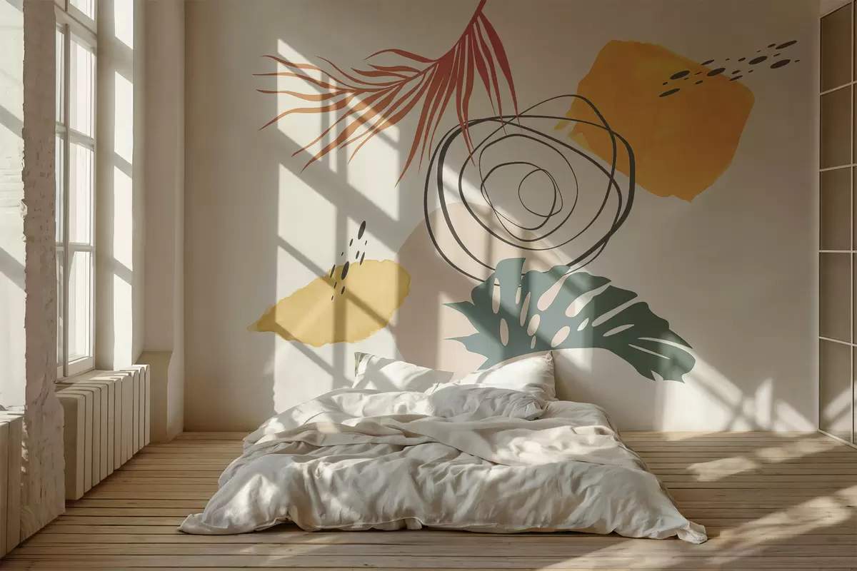 murais de parede Abstração Boho, monstera tropical e folha de palmeira, geométrica, mancha aquarela, linhas, cor azul, vermelha, amarela w07959