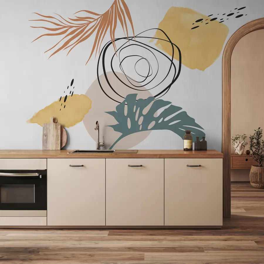 murais de parede Abstração Boho, monstera tropical e folha de palmeira, geométrica, mancha aquarela, linhas, cor azul, vermelha, amarela w07959