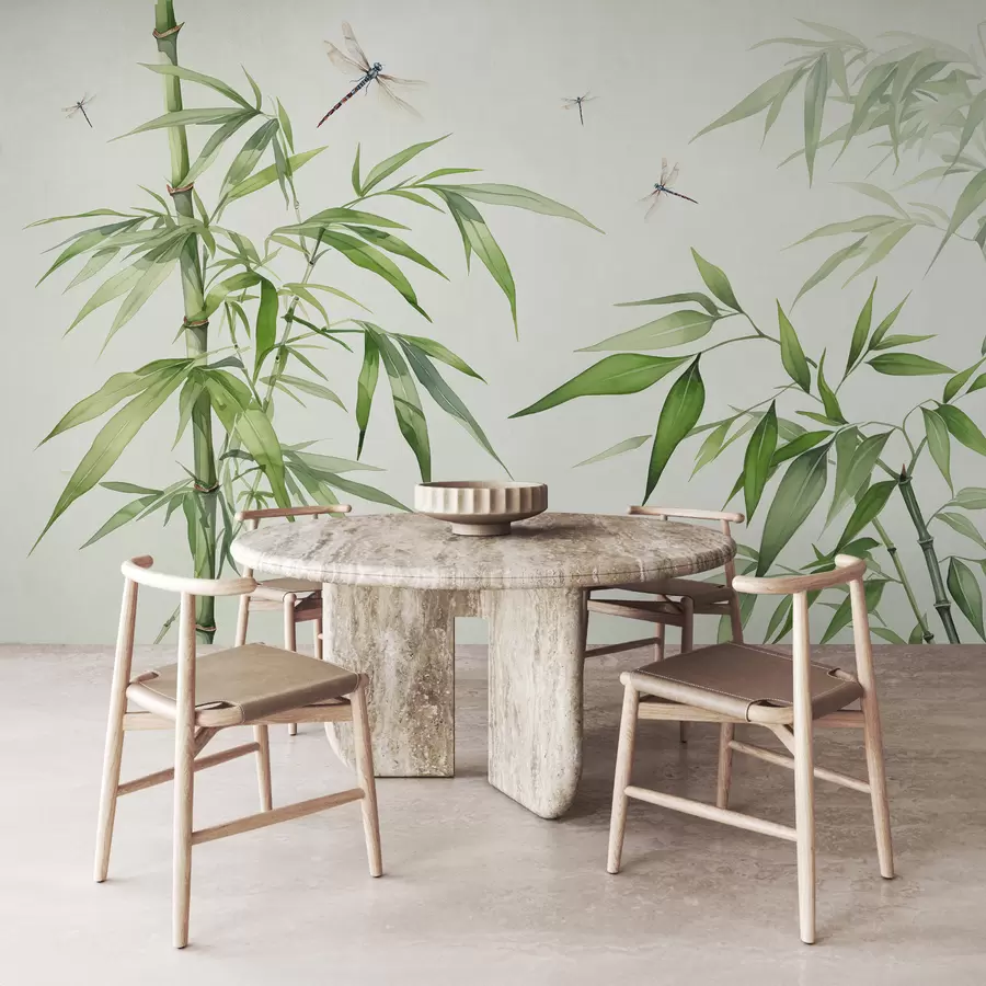 murais de parede Bosque de bambu, libélulas voando em aquarela, cor verde w07962