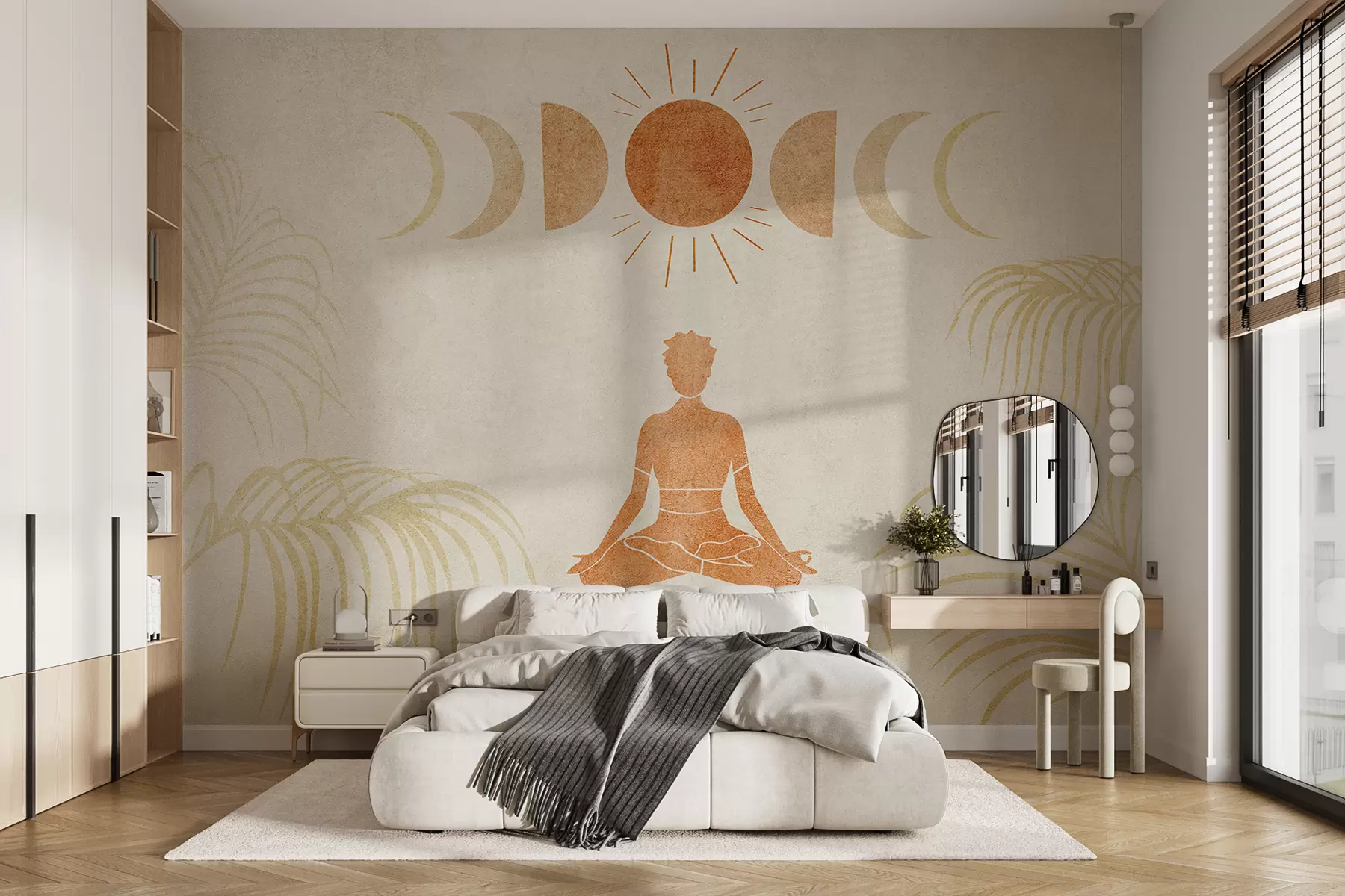 murais de parede Uma garota senta-se em posição de lótus sob as fases da lua entre folhas de palmeira, textura, cor laranja, ioga w07970
