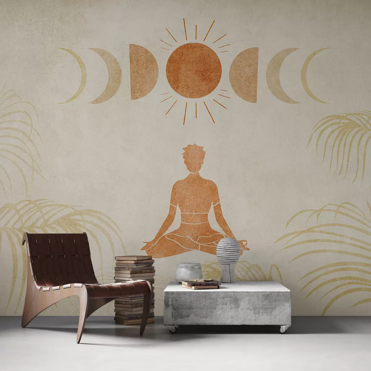 murais de parede Uma garota senta-se em posição de lótus sob as fases da lua entre folhas de palmeira, textura, cor laranja, ioga w07970