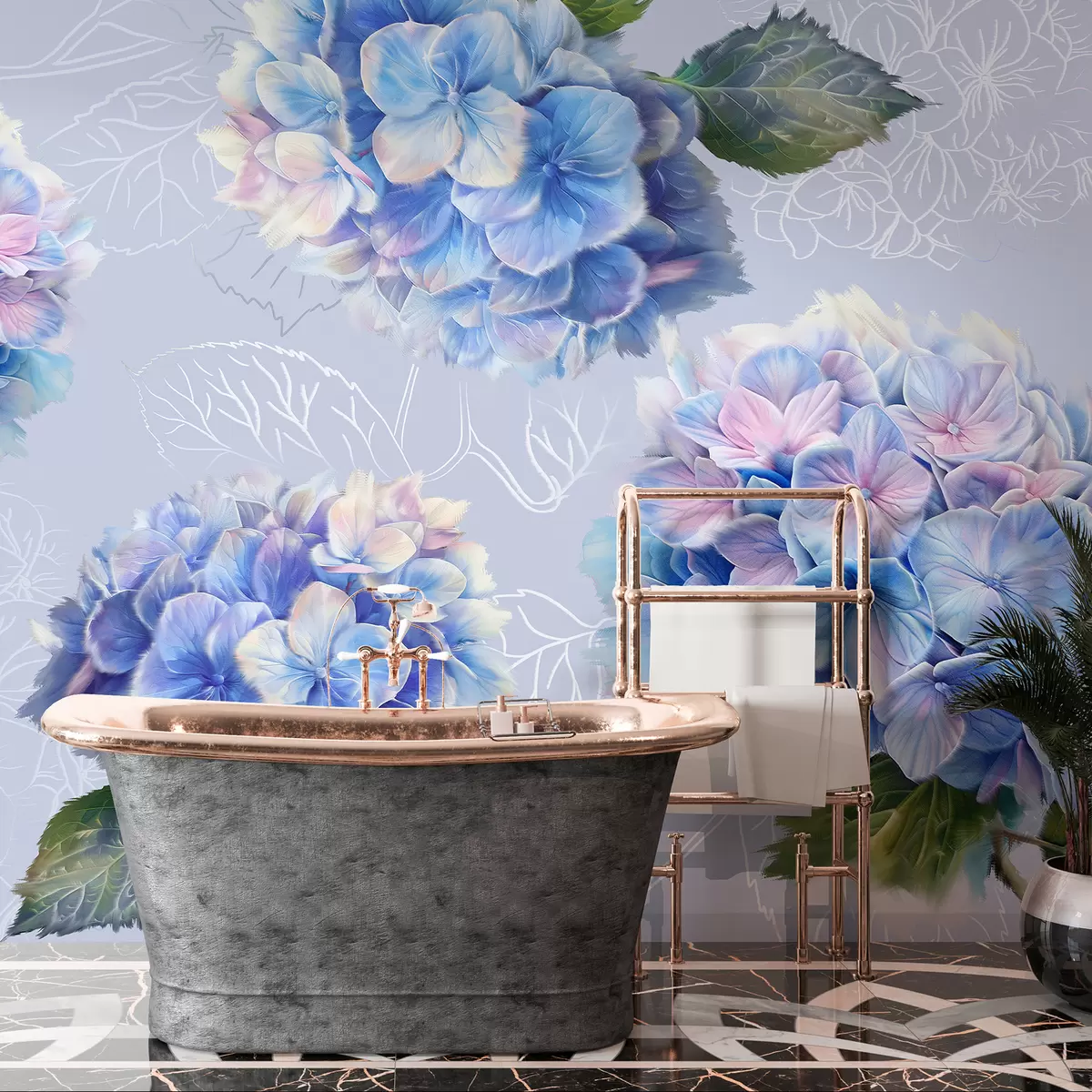 murais de parede Hortênsias, desenho acrílico, arte linear, botânico, cores violetas w07942v5