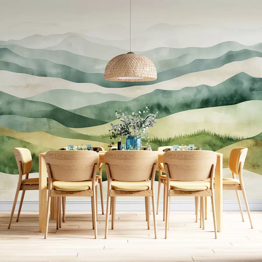 murais de parede Paisagens de montanhas em aquarela, floresta, cores verdes e bege naturais w07950