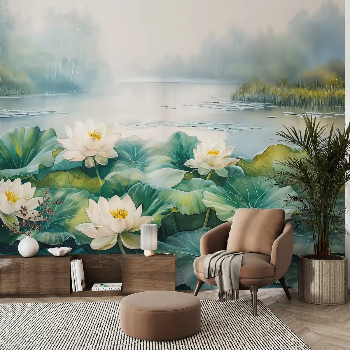 murais de parede Nenúfares, lago florestal, desenho acrílico, natureza, cores verdes e brancas w07957