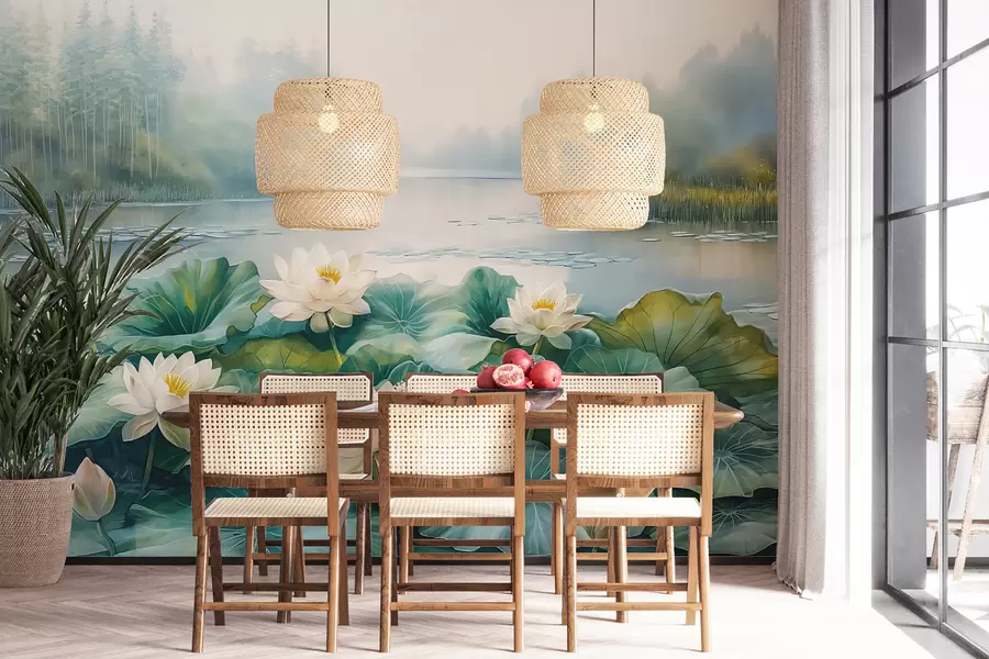 murais de parede Nenúfares, lago florestal, desenho acrílico, natureza, cores verdes e brancas w07957