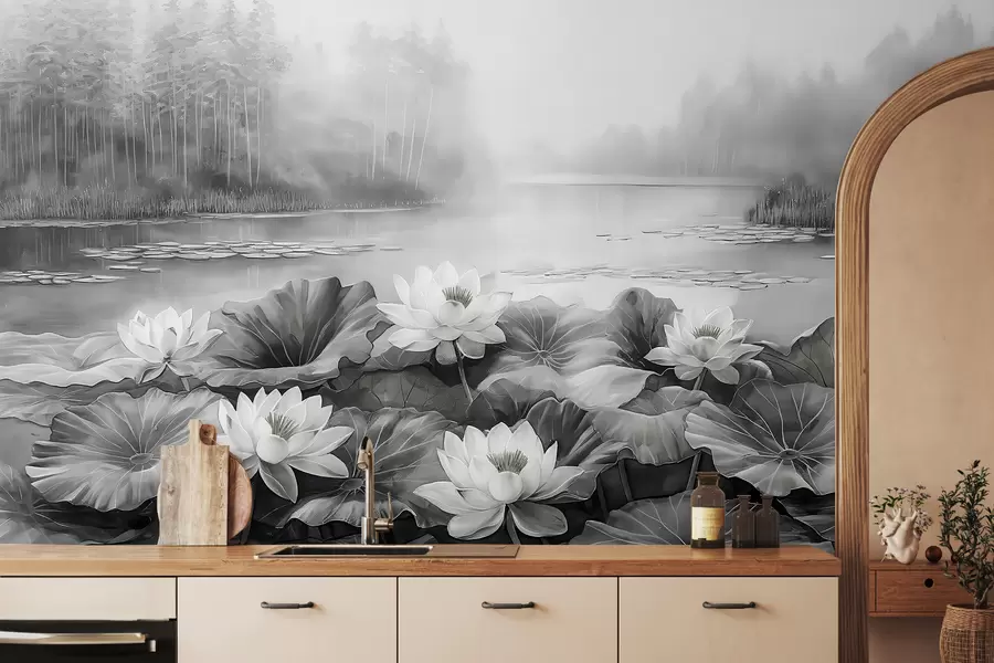 murais de parede Nenúfares, lago florestal, desenho acrílico, natureza, cores cinza w07957v1