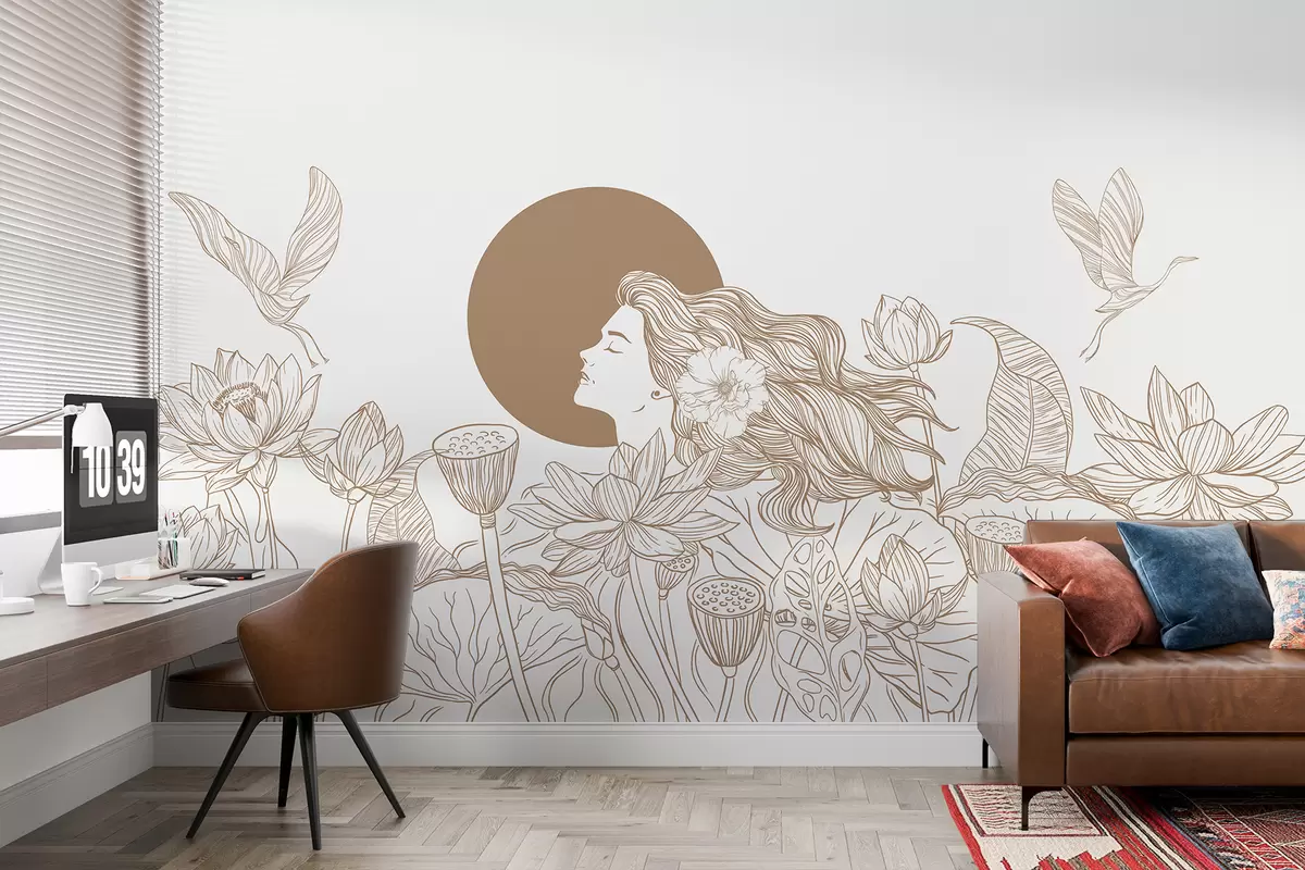 murais de parede Mulher na natureza, desenho de linha, flores de lótus, folhas grandes, pássaros voadores, cor bege w07988v1