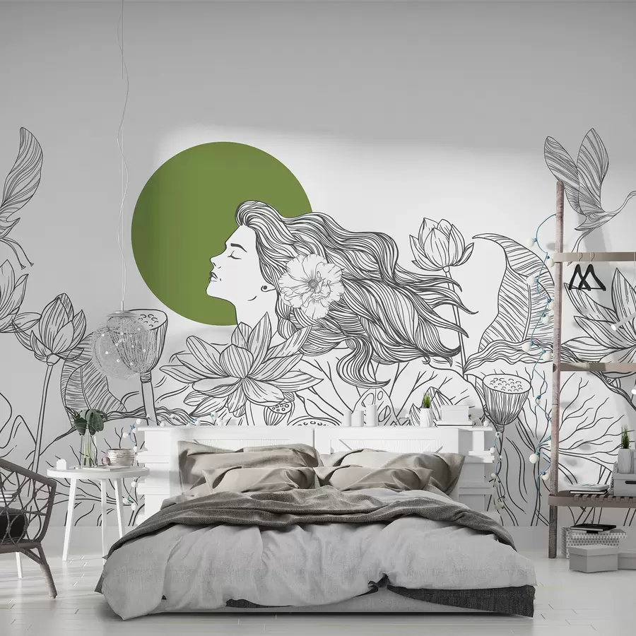 murais de parede Mulher na natureza, desenho de linha, flores de lótus, folhas grandes, pássaros voadores, cor cinza e verde w07988v3