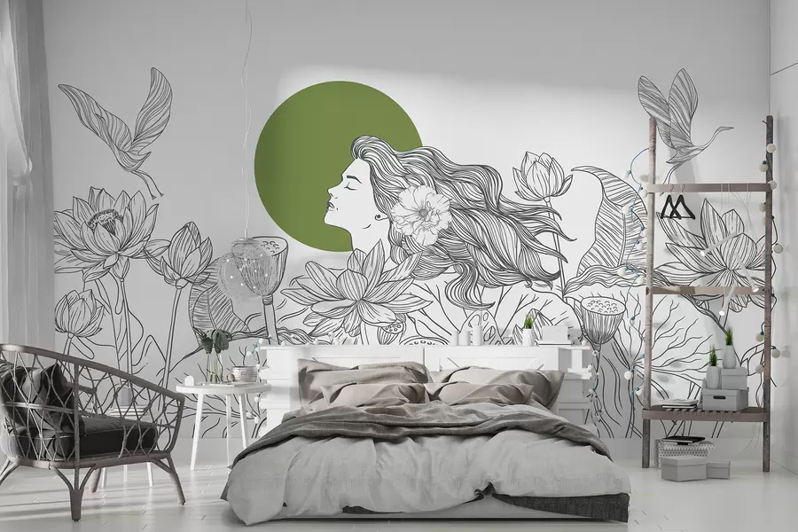 murais de parede Mulher na natureza, desenho de linha, flores de lótus, folhas grandes, pássaros voadores, cor cinza e verde w07988v3