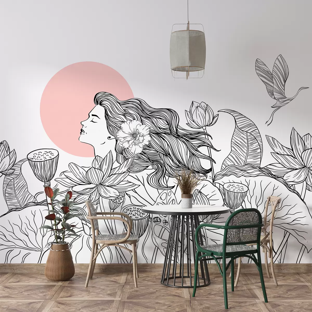 murais de parede Mulher na natureza, desenho de linha, flores de lótus, folhas grandes, pássaros voadores, cor preta e rosa w07988v5