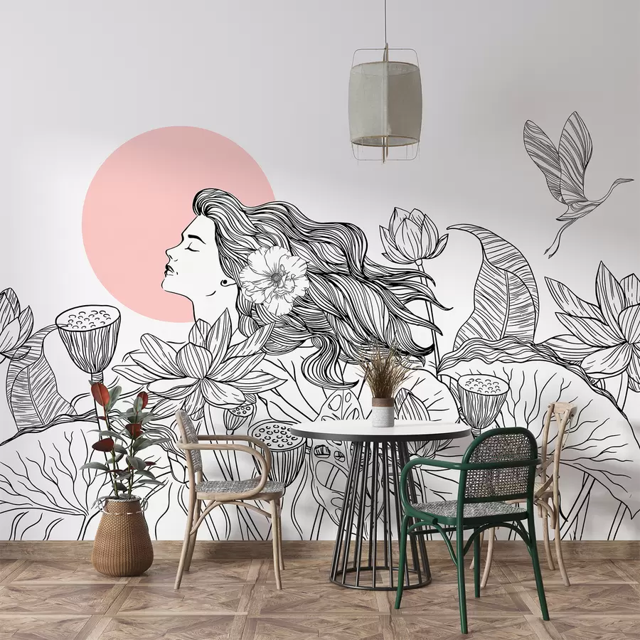 murais de parede Mulher na natureza, desenho de linha, flores de lótus, folhas grandes, pássaros voadores, cor preta e rosa w07988v5