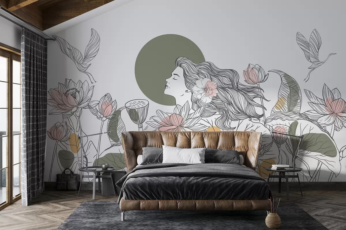 murais de parede Mulher na natureza, desenho de linha, flores de lótus, folhas grandes, pássaros voando, cores pastel w07988v6