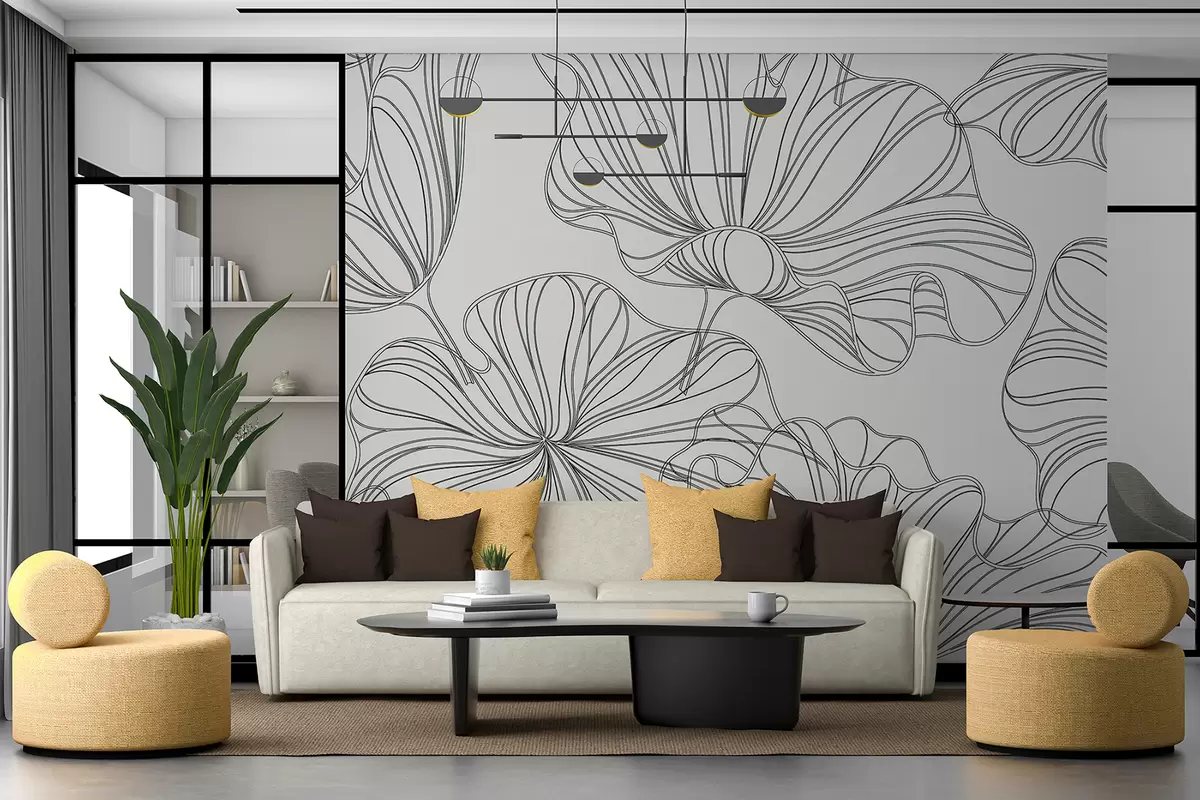 murais de parede Grandes flores lineares, fundo bege claro w07997v1