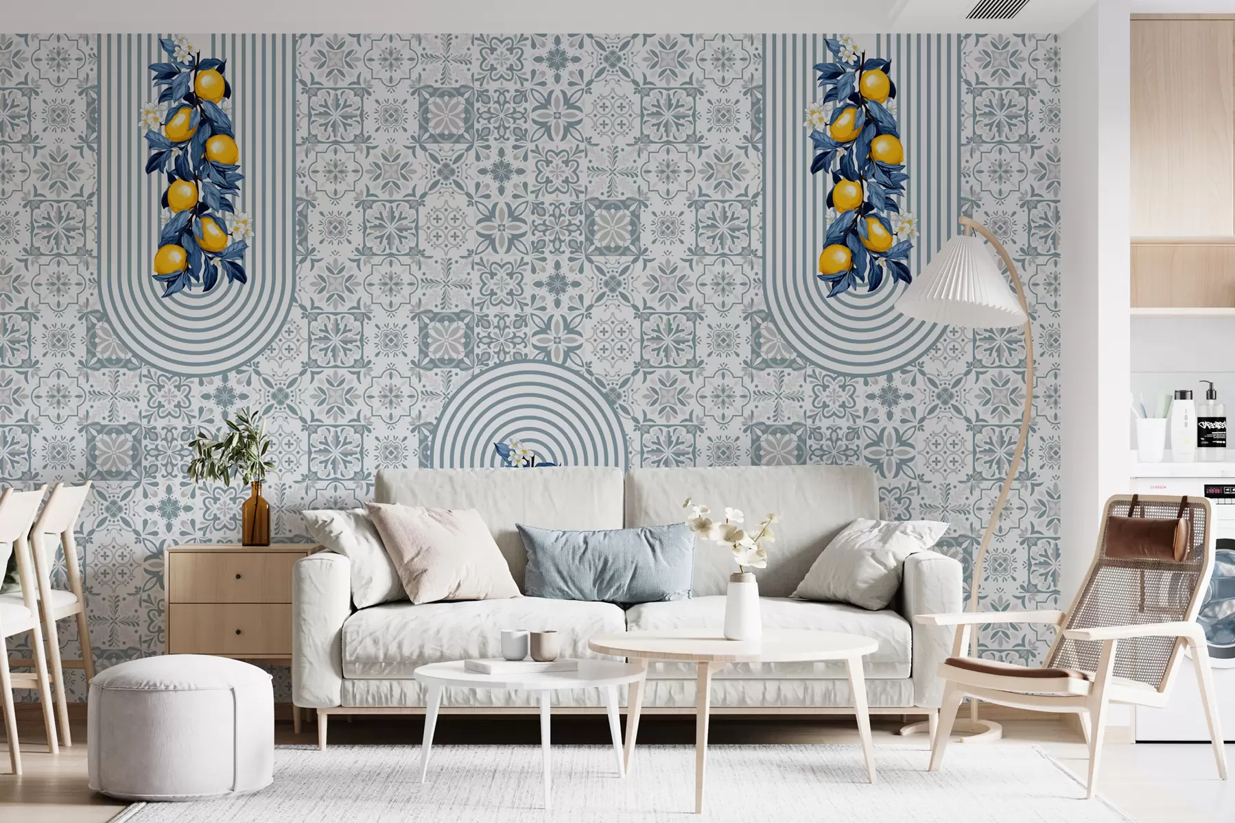 murais de parede padrão siciliano, estampa azul com limões. Padrão de azulejo azul italiano. Cerâmica de porcelana mediterrânea. Ornamentos folclóricos étnicos w08034