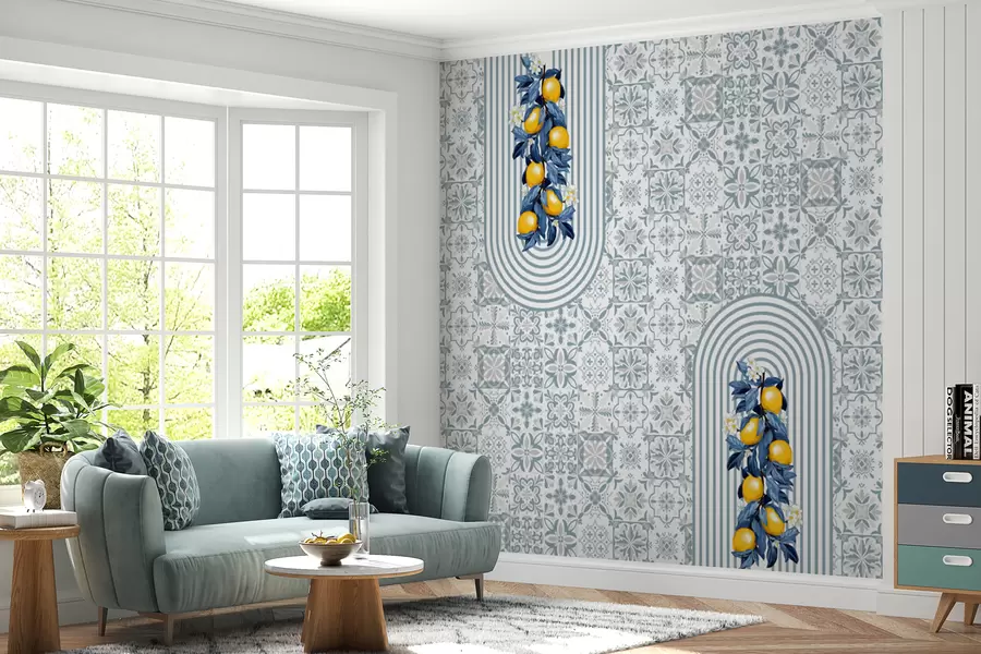 murais de parede padrão siciliano, estampa azul com limões. Padrão de azulejo azul italiano. Cerâmica de porcelana mediterrânea. Ornamentos folclóricos étnicos w08034
