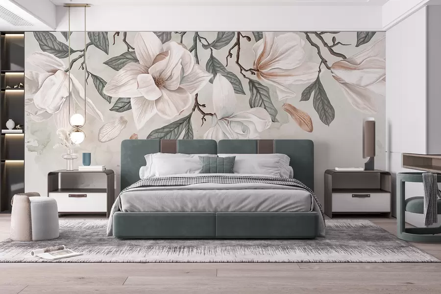 murais de parede Delicadas flores de magnólia rosa e branca com folhas verdes sobre um fundo claro, uma composição floral suave w07977