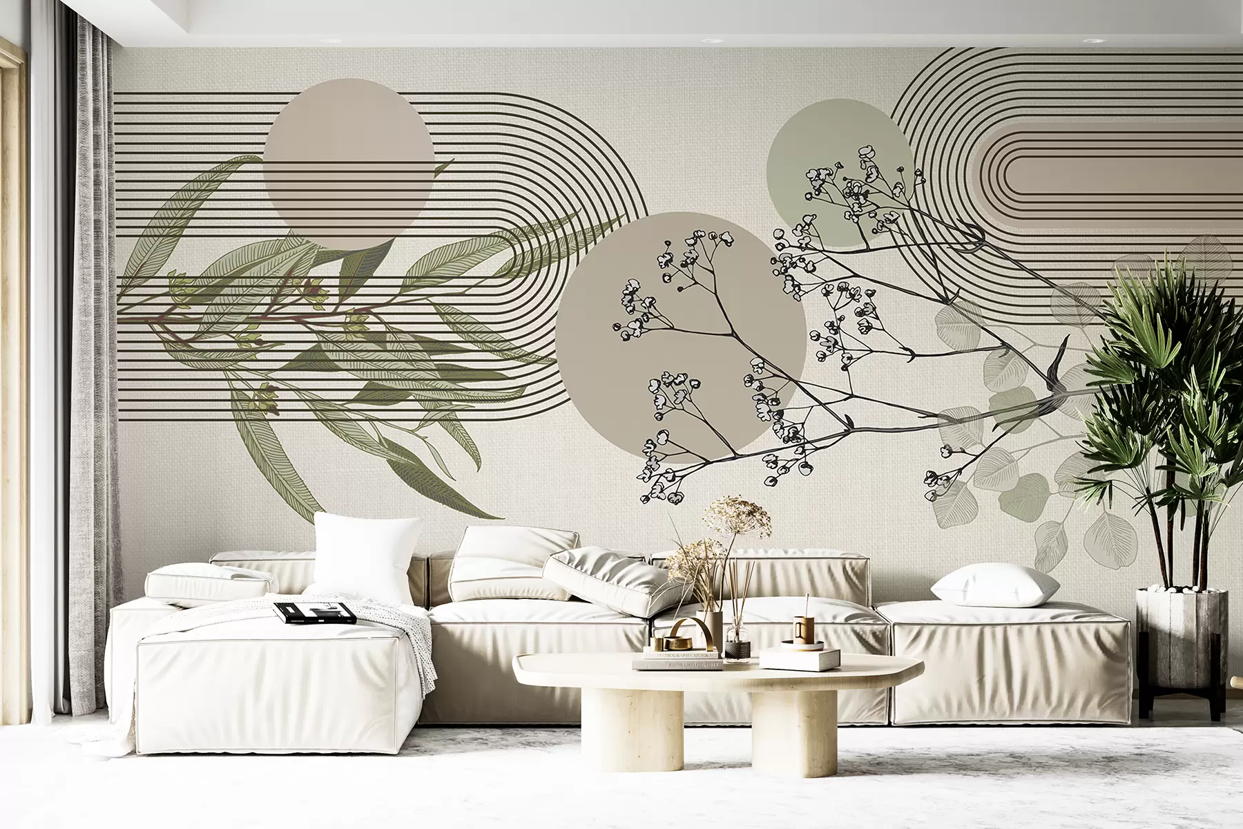 murais de parede Uma abstração minimalista com formas orgânicas, galhos de árvores estilizados ou plantas com delicados detalhes florais w07979