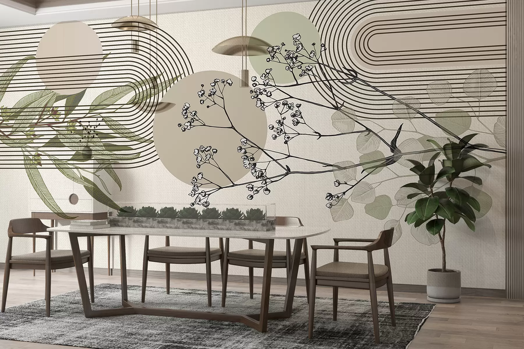 murais de parede Uma abstração minimalista com formas orgânicas, galhos de árvores estilizados ou plantas com delicados detalhes florais w07979