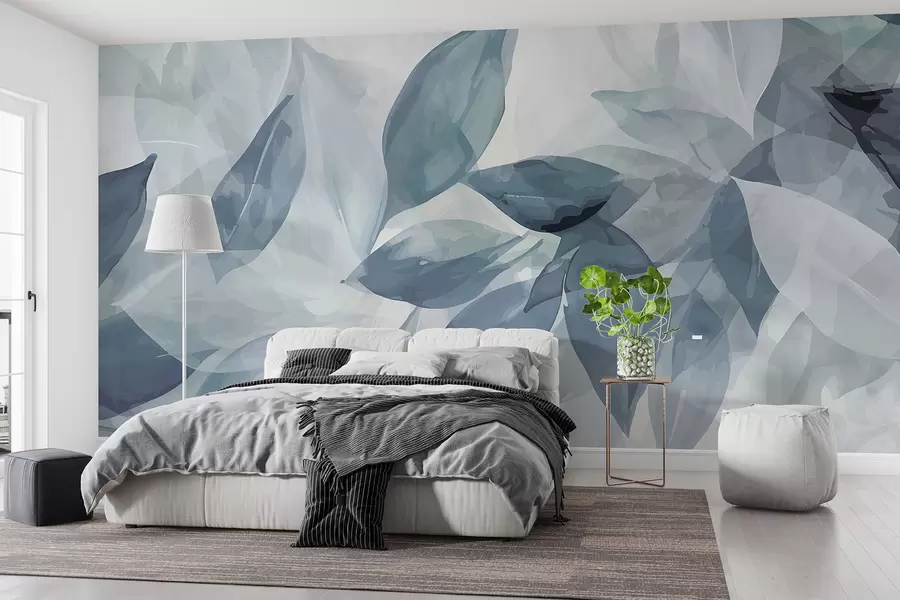 murais de parede Folhas suaves de aquarela cinza e branca com fundo desfocado e etéreo w07981