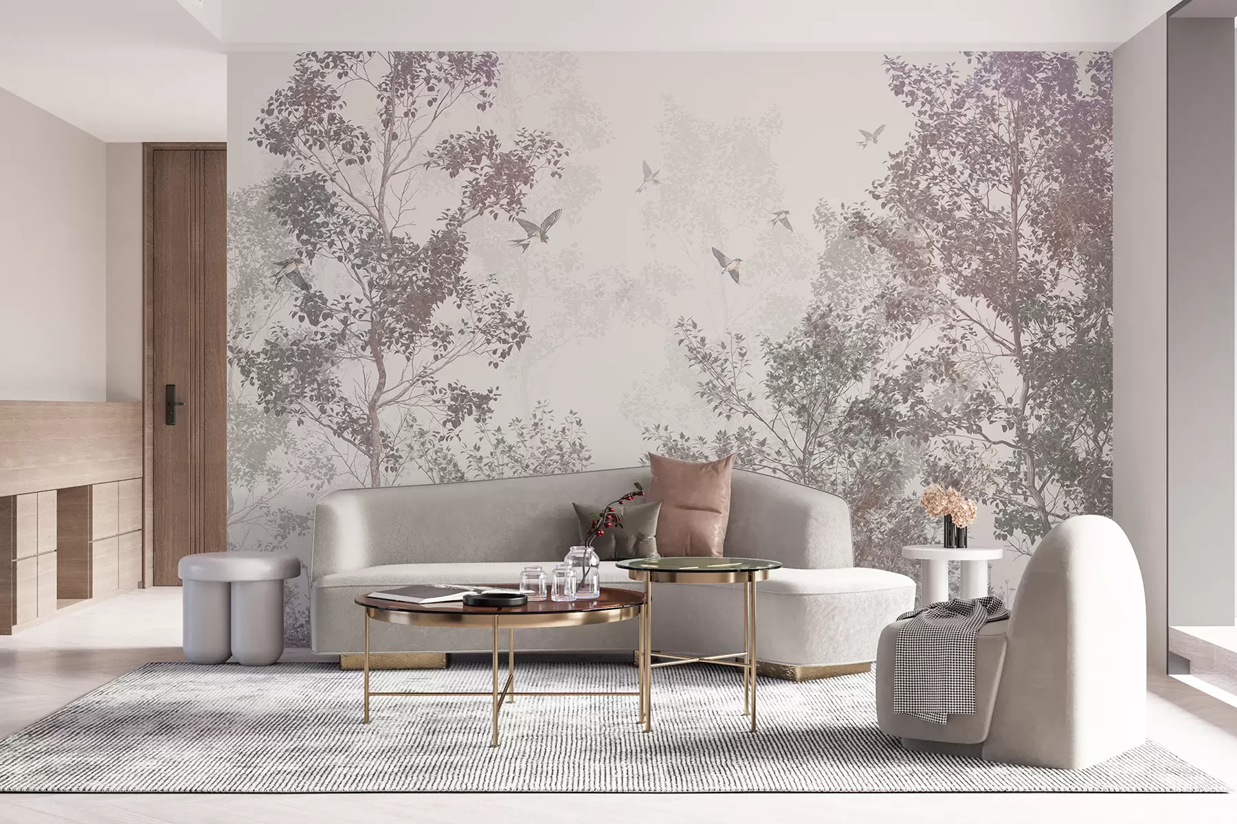 murais de parede Árvores com folhas marrons e cinzas e galhos com pássaros voando no céu, fundo branco w07982