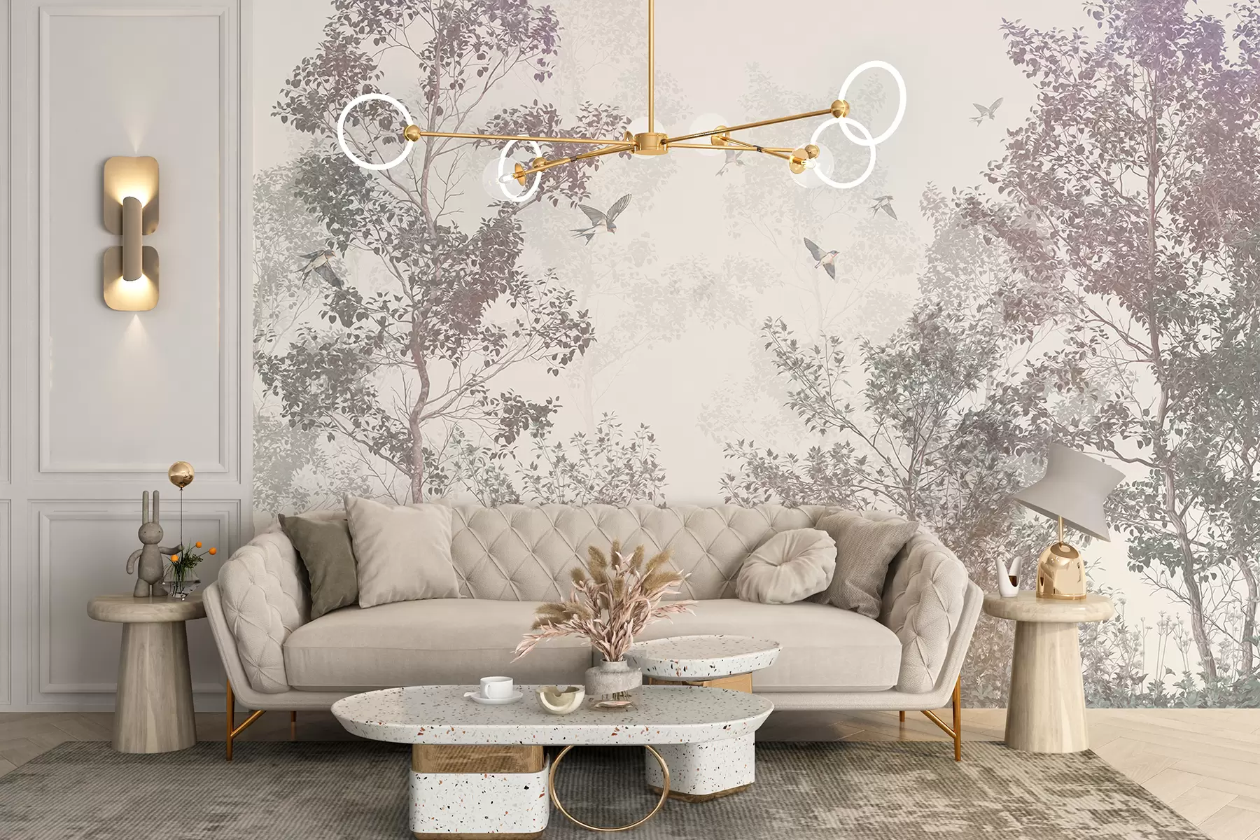 murais de parede Árvores com folhas marrons e cinzas e galhos com pássaros voando no céu, fundo branco w07982