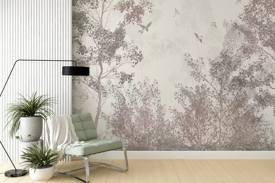 murais de parede Árvores com folhas marrons e cinzas e galhos com pássaros voando no céu, fundo branco w07982