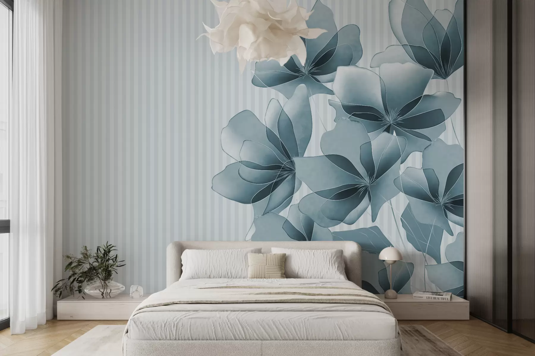 murais de parede delicadas flores azuis em um fundo listrado w08040