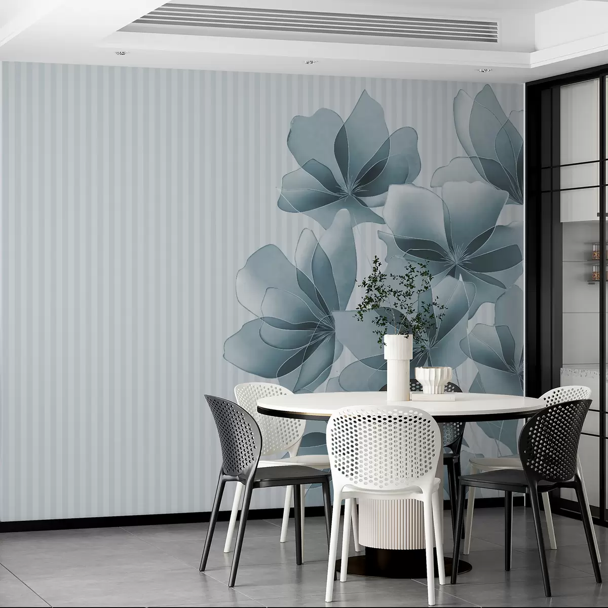 murais de parede delicadas flores azuis em um fundo listrado w08040