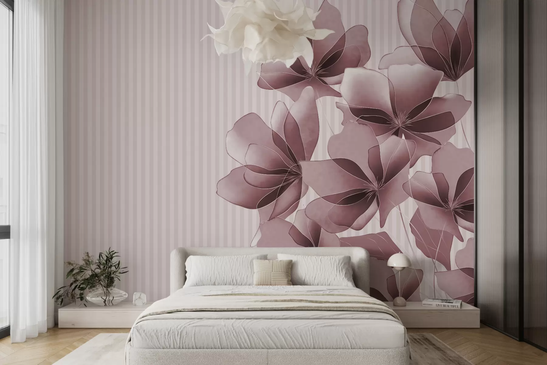 murais de parede delicadas flores rosa em um fundo listrado w08040v1