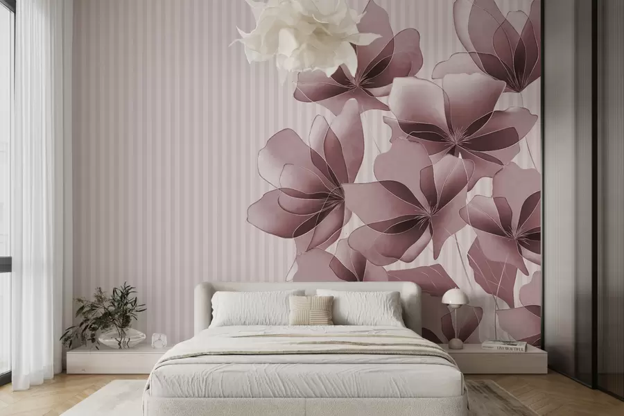 murais de parede delicadas flores rosa em um fundo listrado w08040v1
