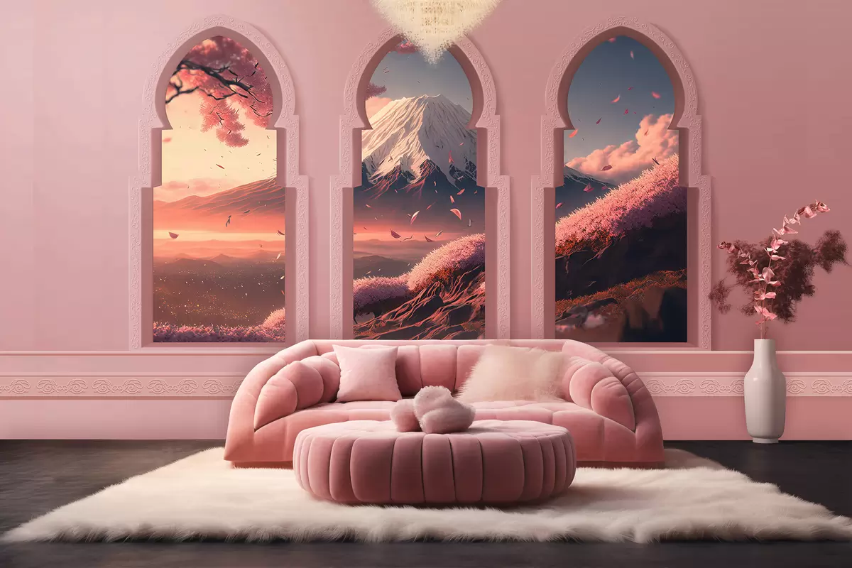 murais de parede Grandes janelas de estilo oriental com vistas incríveis do Monte Fuji em suave cor pêssego w08082