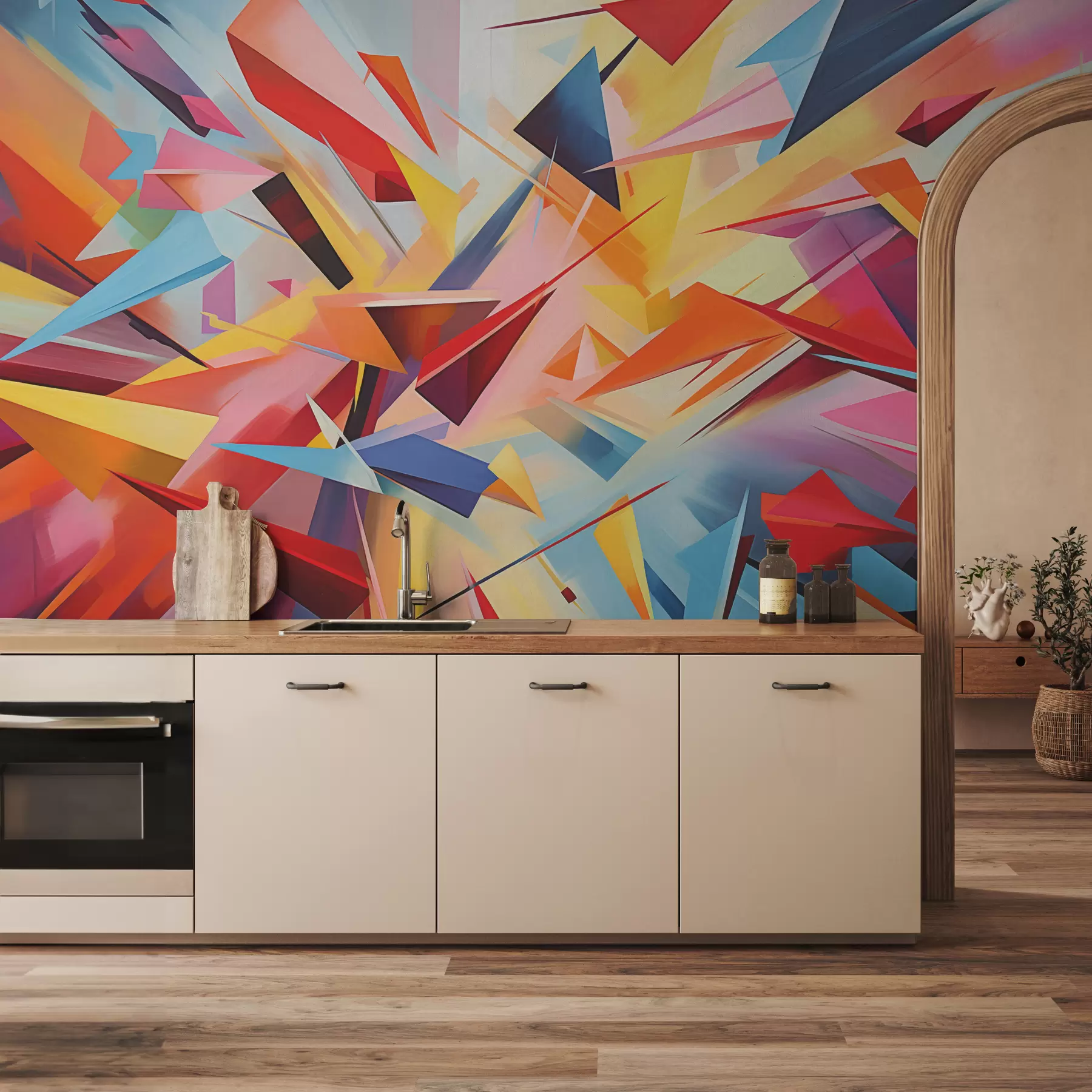 murais de parede Abstração caótica de formas geométricas, rosa, azul, amarelo w08030