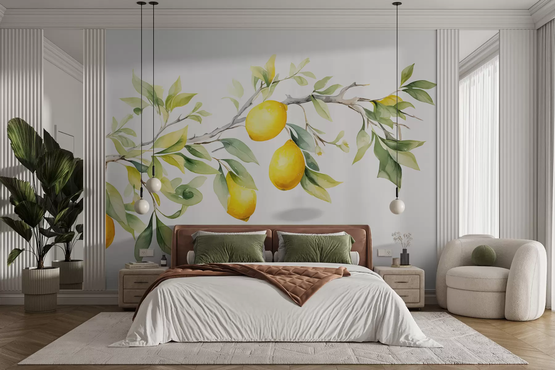 murais de parede Ramo aquarela com folhas e frutas de limão w08096