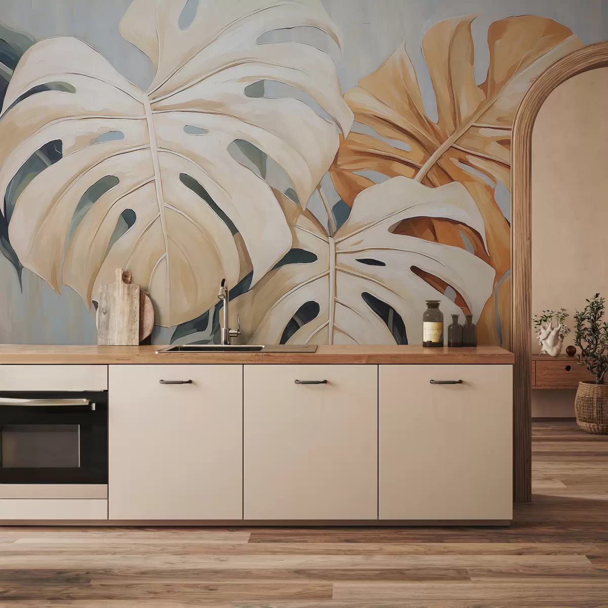 murais de parede Folhas de Monstera, azul, branco, laranja w08124