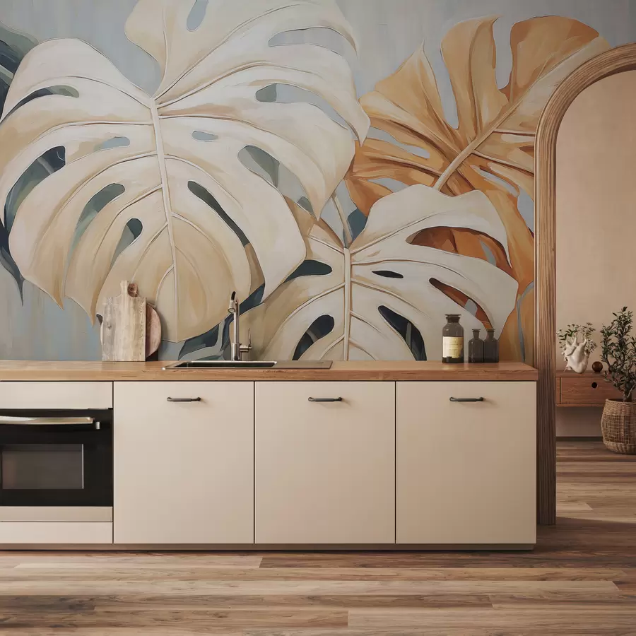 murais de parede Folhas de Monstera, azul, branco, laranja w08124