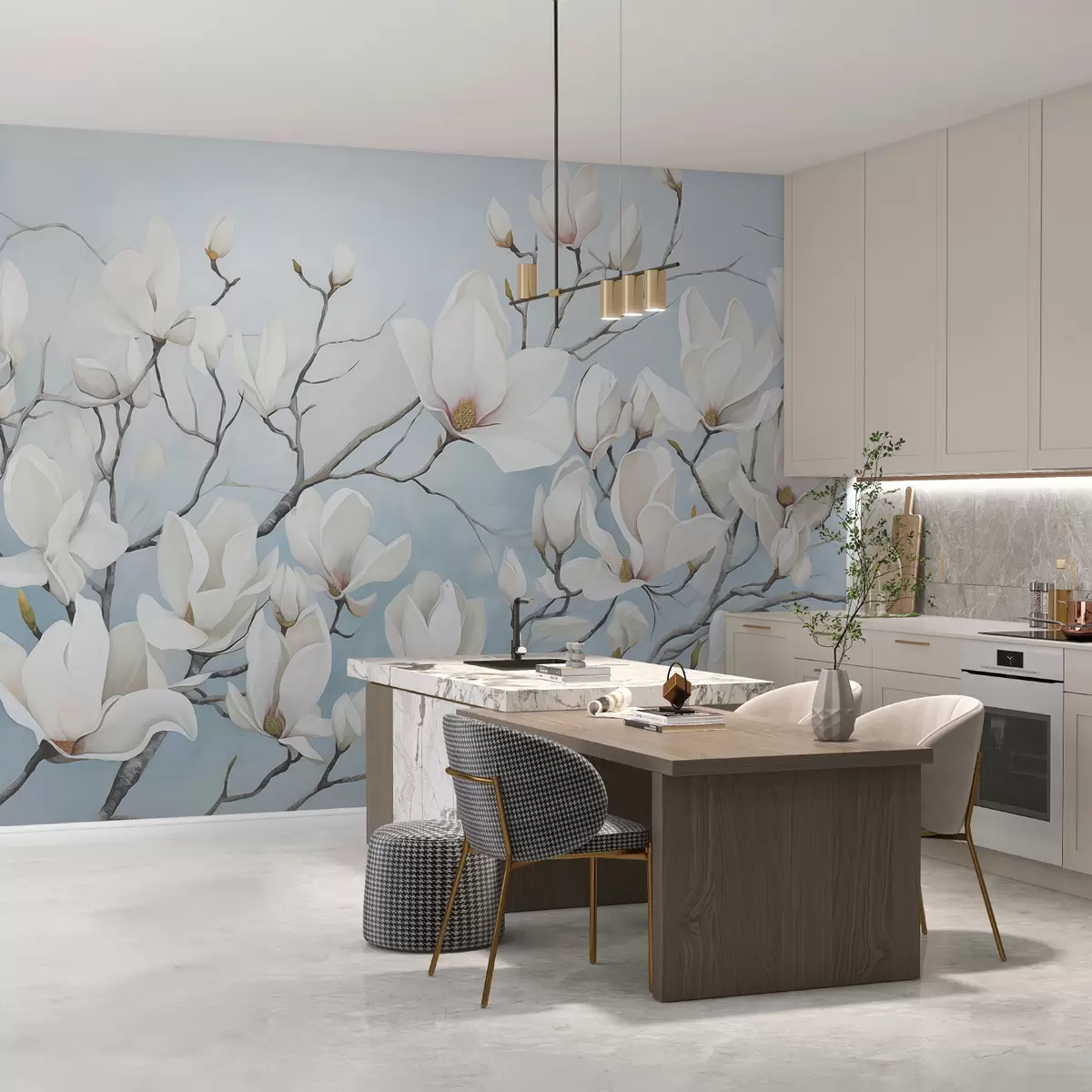 murais de parede Ramos com magnólia branca em azul w08125