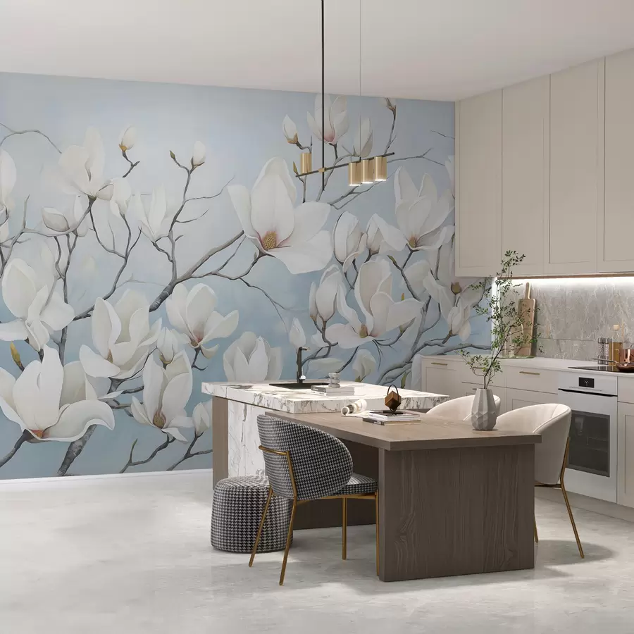 murais de parede Ramos com magnólia branca em azul w08125