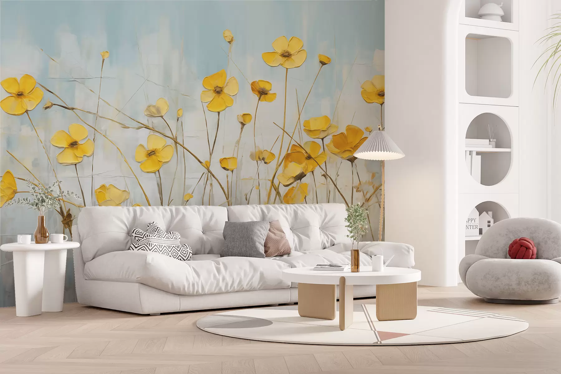 murais de parede Pequenas flores amarelas na pintura a óleo azul w08129